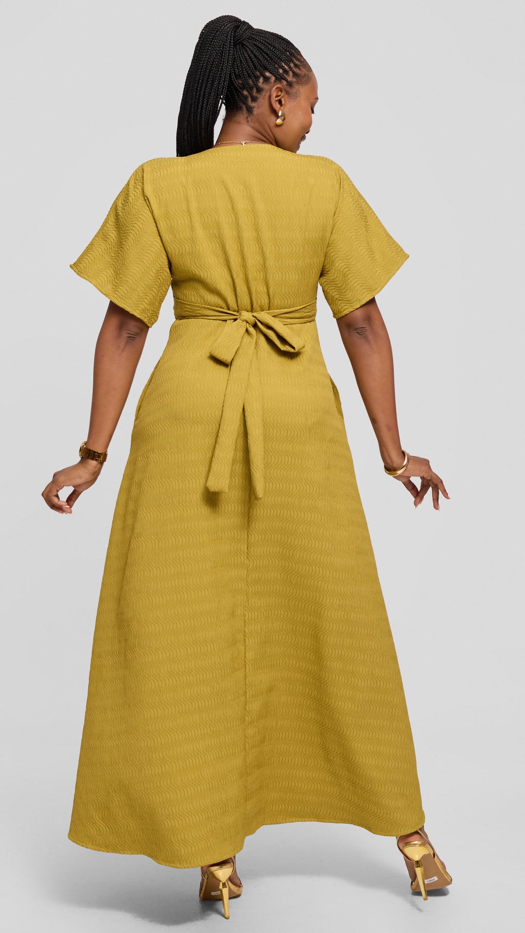 Vivo Tie Waist Kimono Maxi Dress in Textured Crepe - Olive
