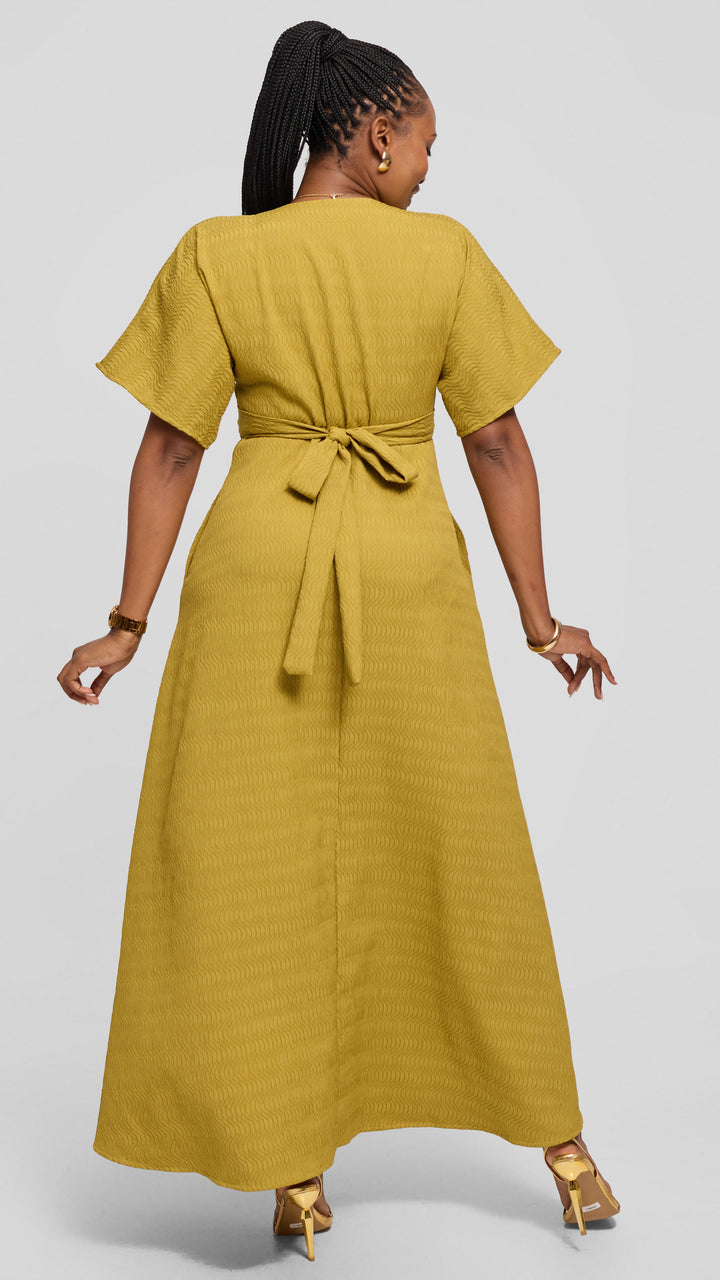 Vivo Tie Waist Kimono Maxi Dress in Textured Crepe - Olive