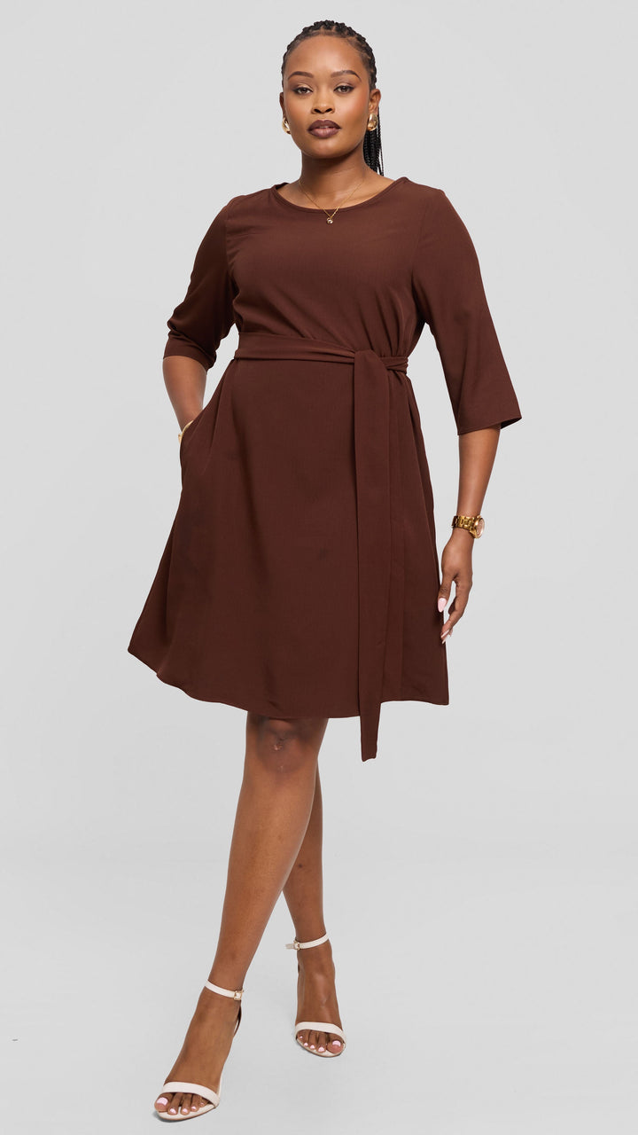 Vivo Laika 3/4 Sleeve Tent Dress in Crepe - Chocolate