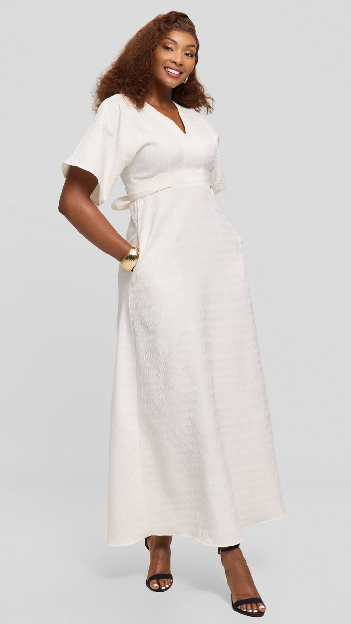 Vivo Tie Waist Kimono Maxi Dress in Textured Crepe - White