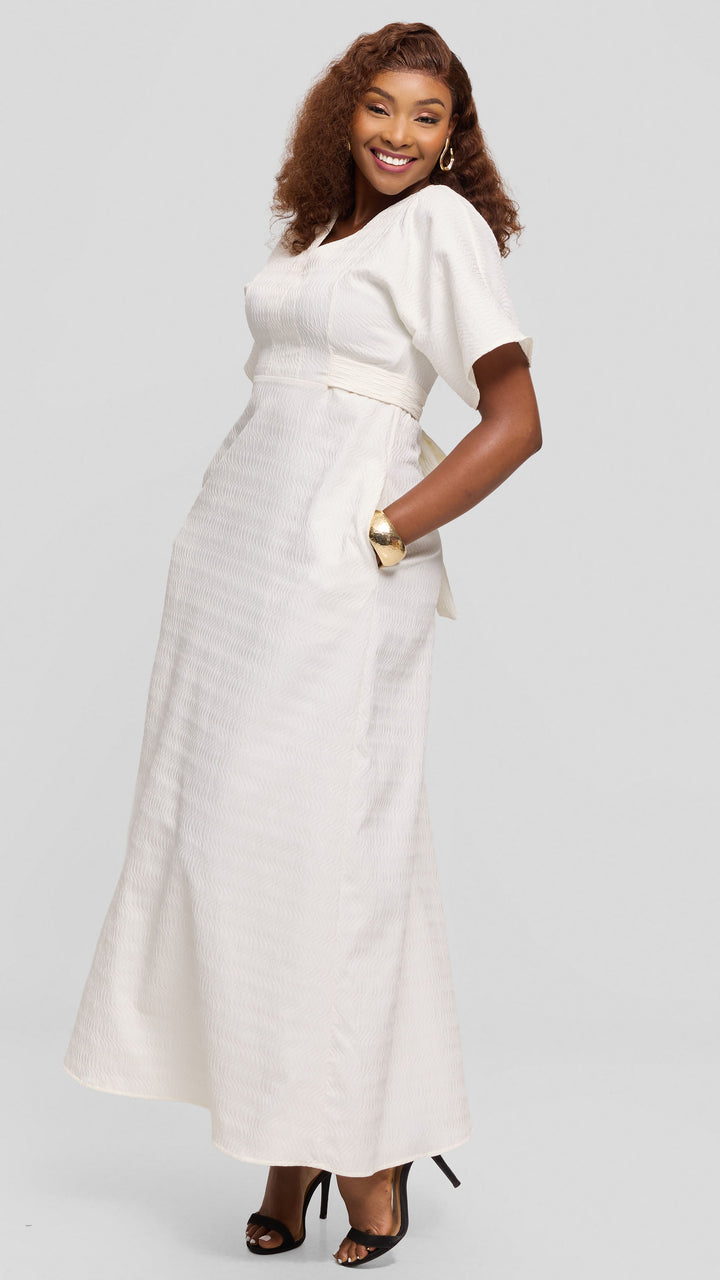 Vivo Tie Waist Kimono Maxi Dress in Textured Crepe - White