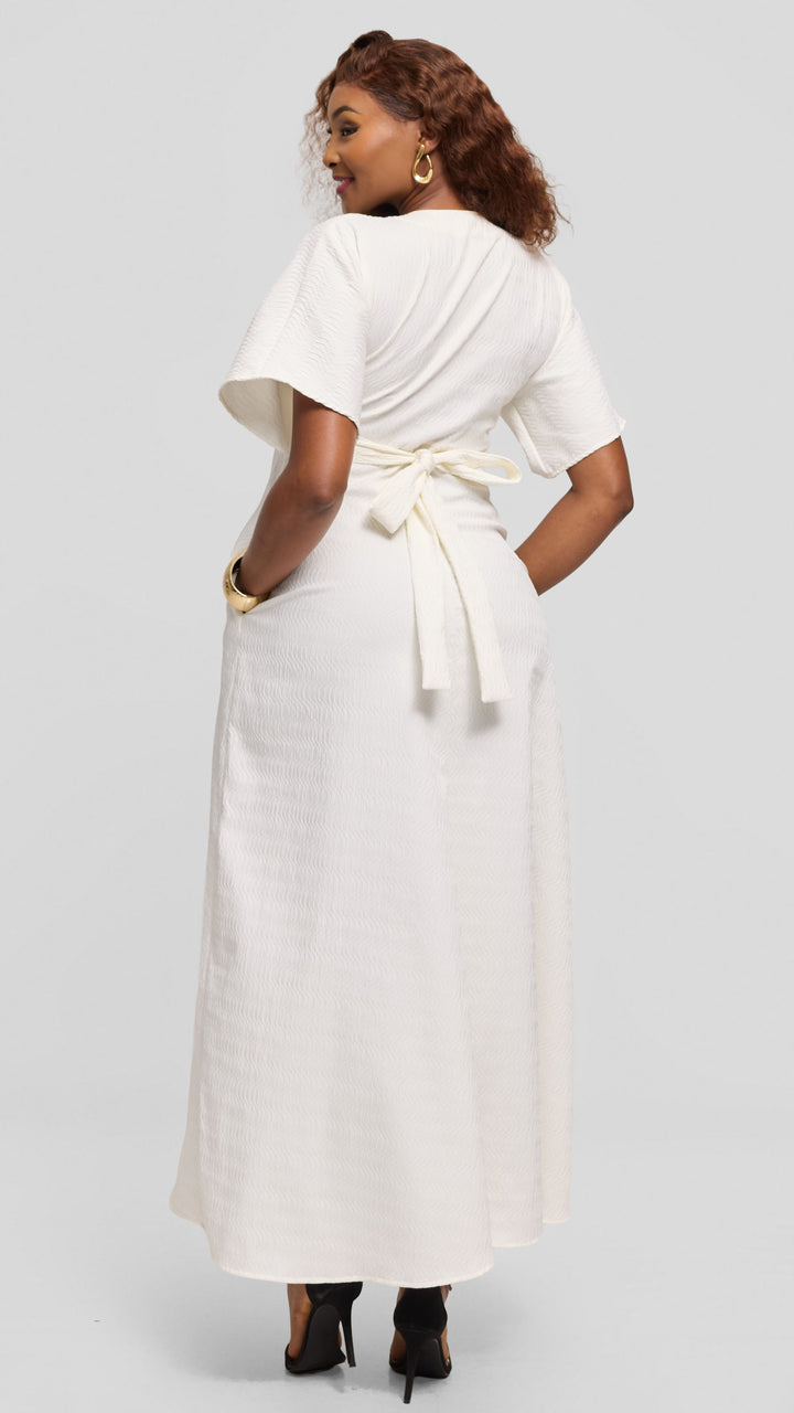 Vivo Tie Waist Kimono Maxi Dress in Textured Crepe - White
