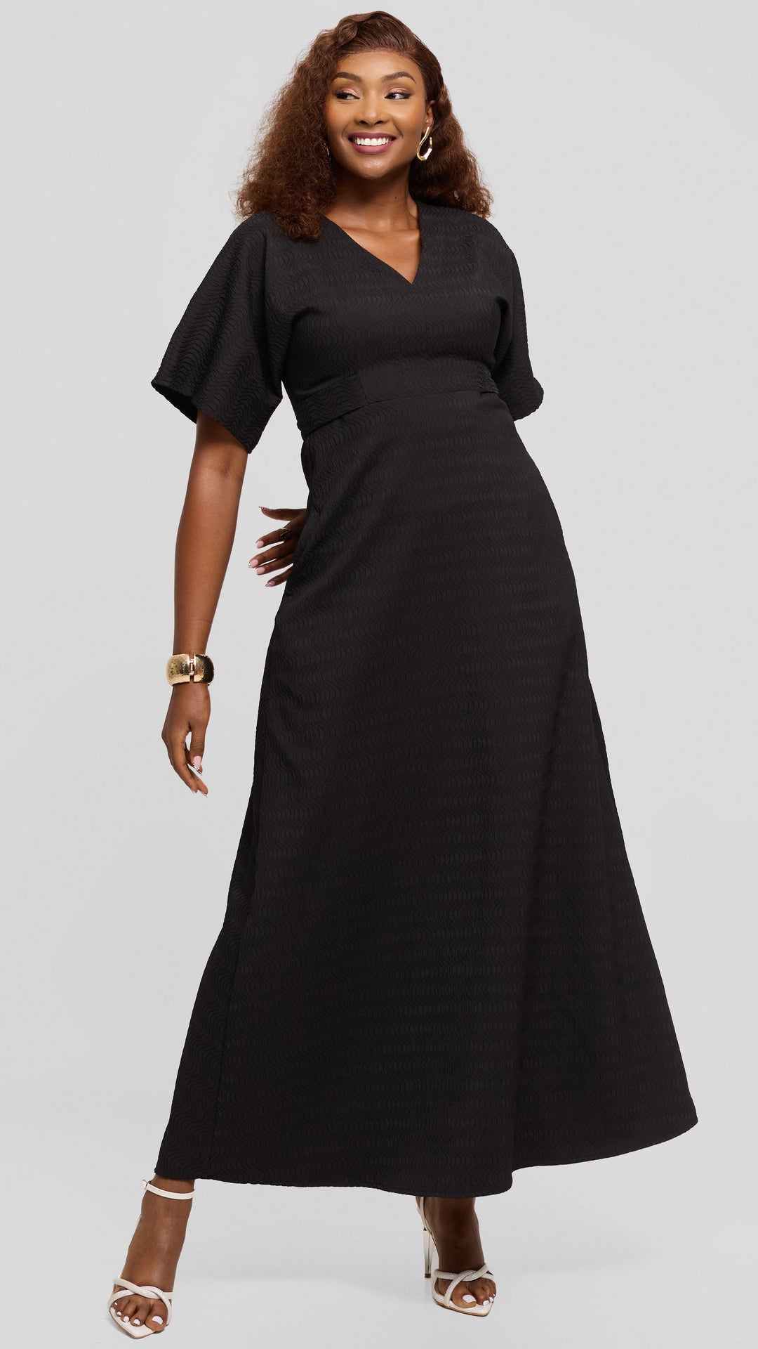 Vivo Tie Waist Kimono Maxi Dress in Textured Crepe - Black