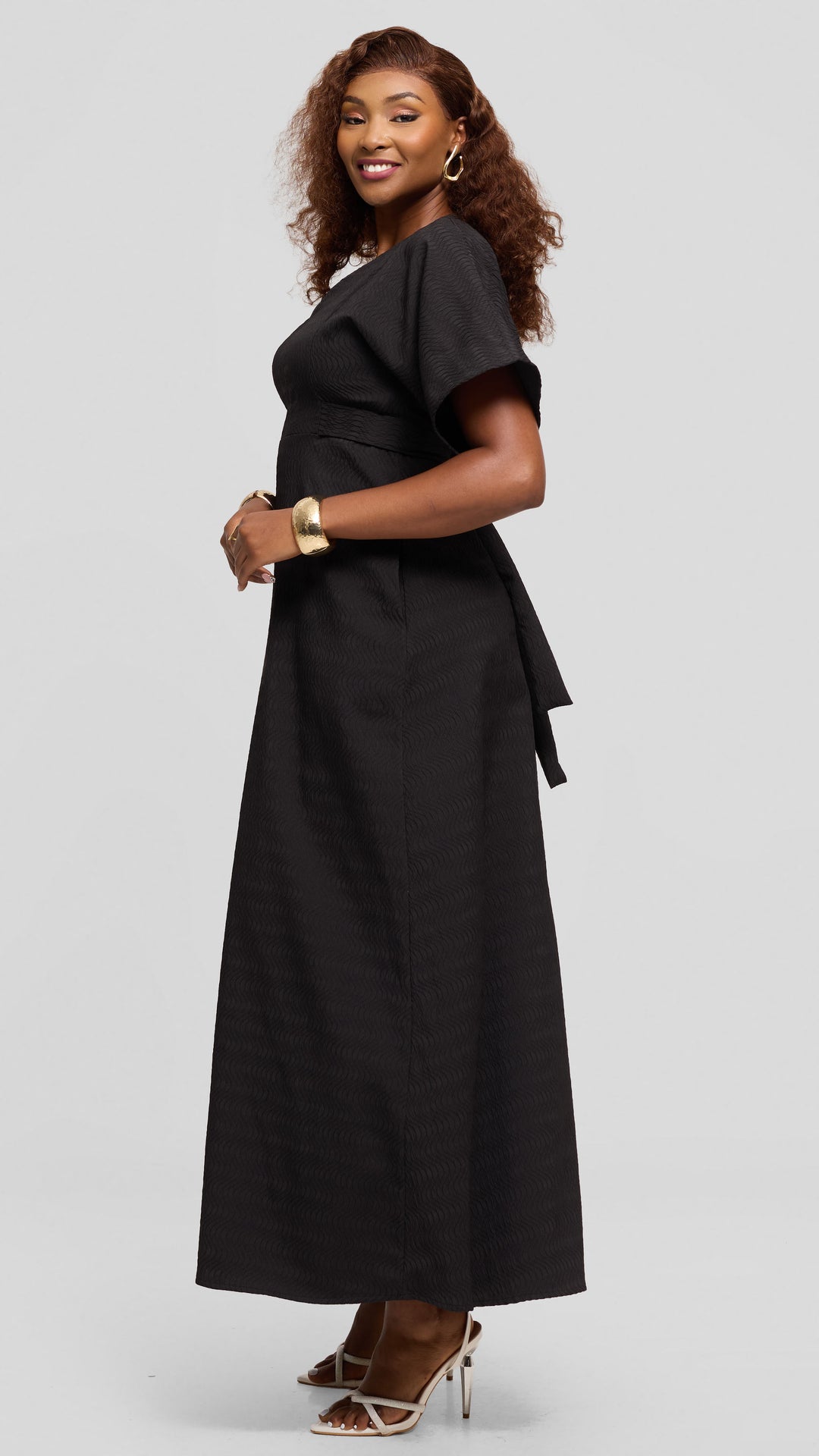 Vivo Tie Waist Kimono Maxi Dress in Textured Crepe - Black