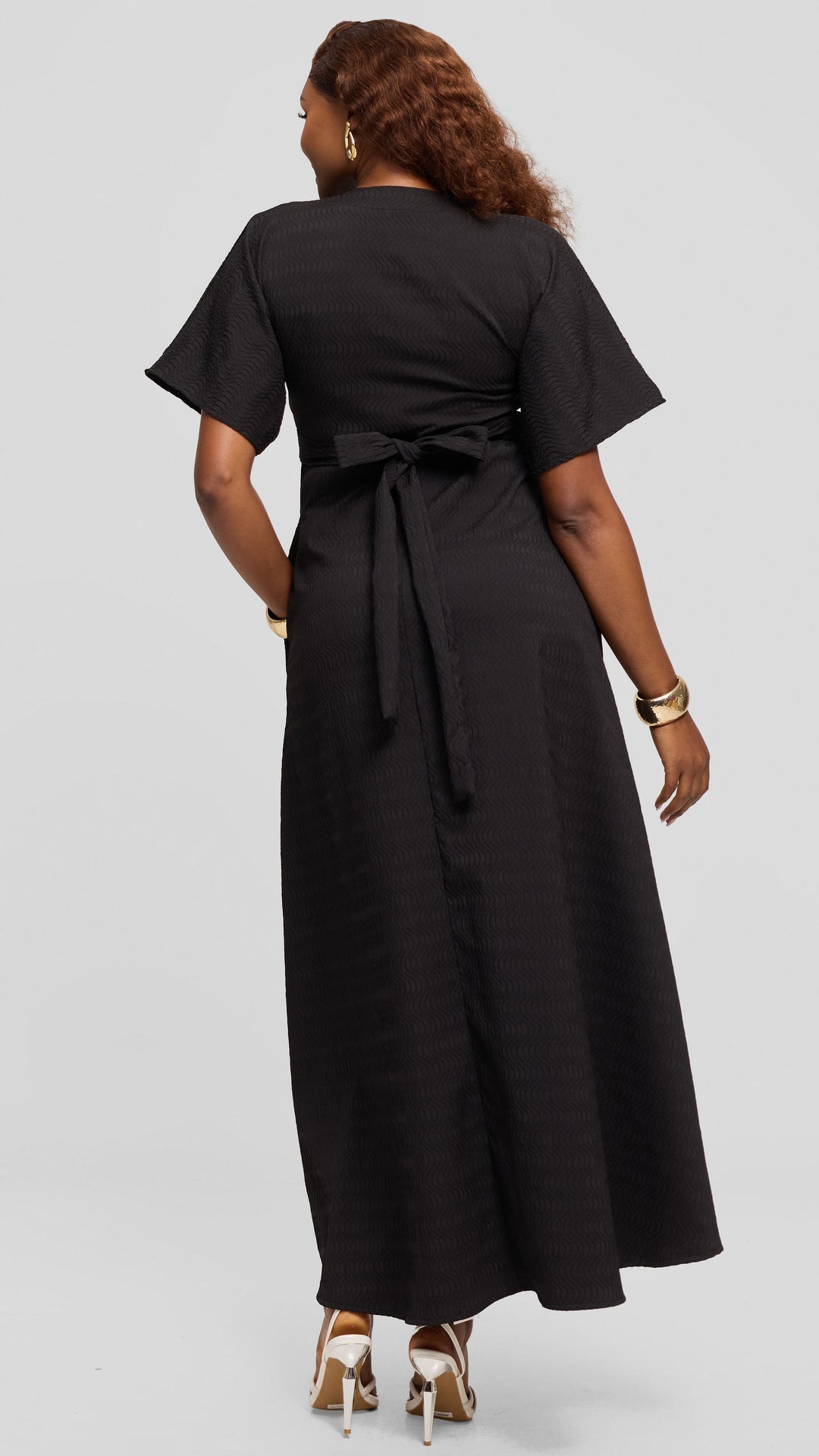 Vivo Tie Waist Kimono Maxi Dress in Textured Crepe - Black