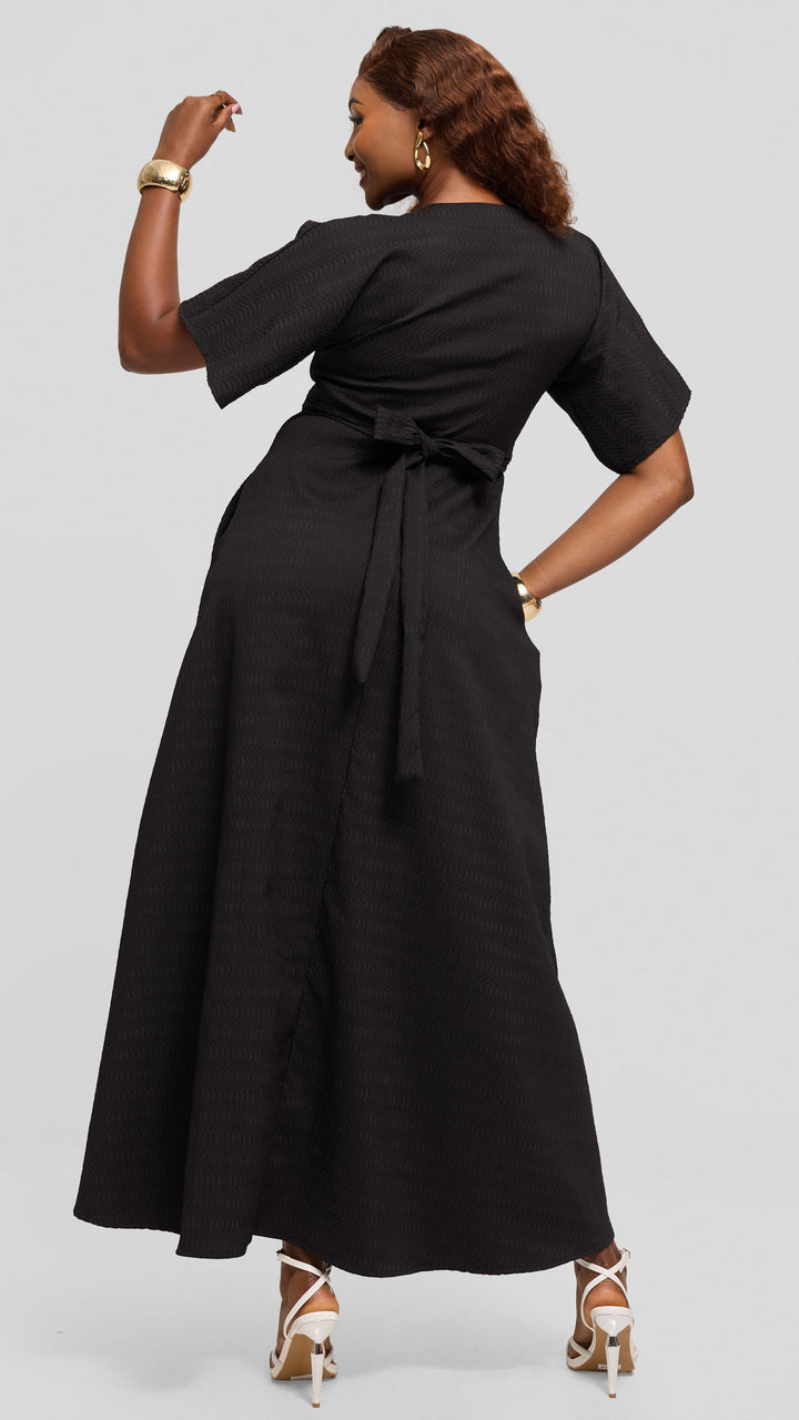 Vivo Tie Waist Kimono Maxi Dress in Textured Crepe - Black