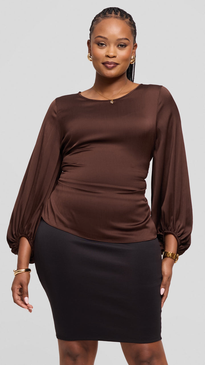 Vivo Izzy Bishop Sleeve Top in Textured Satin - Dark Brown