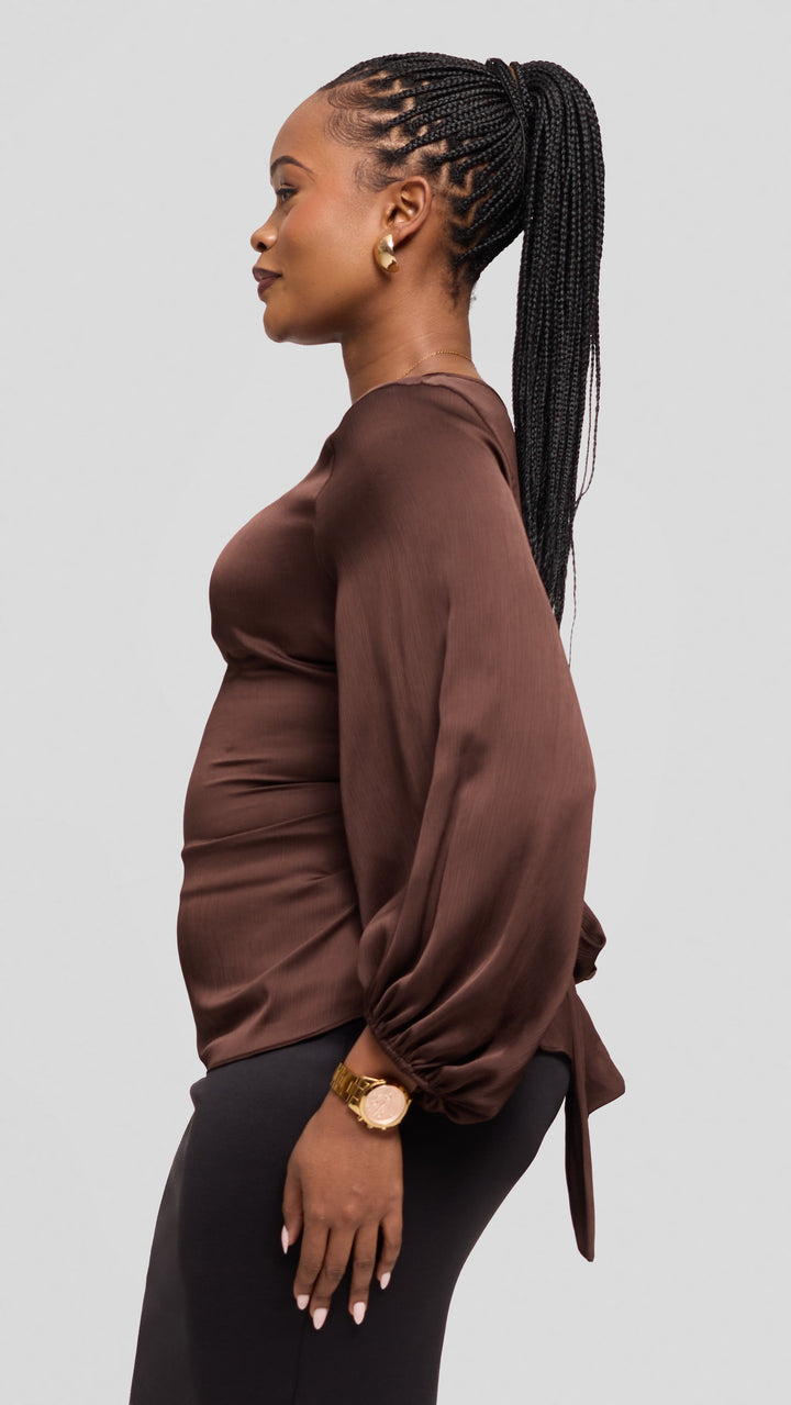 Vivo Izzy Bishop Sleeve Top in Textured Satin - Dark Brown