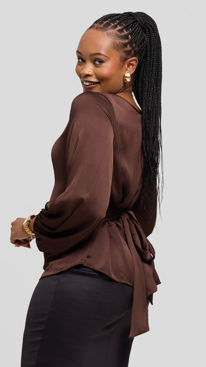 Vivo Izzy Bishop Sleeve Top in Textured Satin - Dark Brown