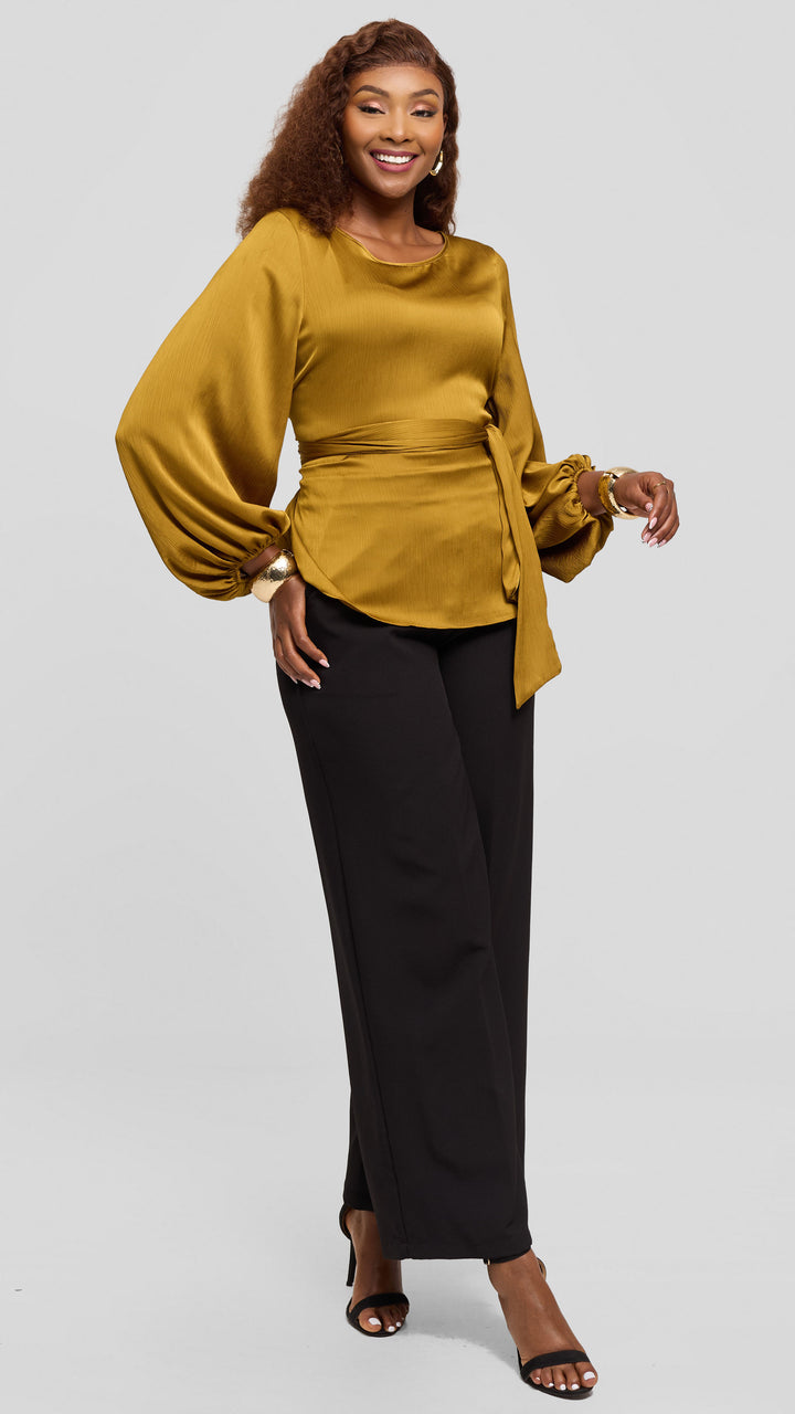 Vivo Izzy Bishop Sleeve Top in Textured Satin - Olive Green