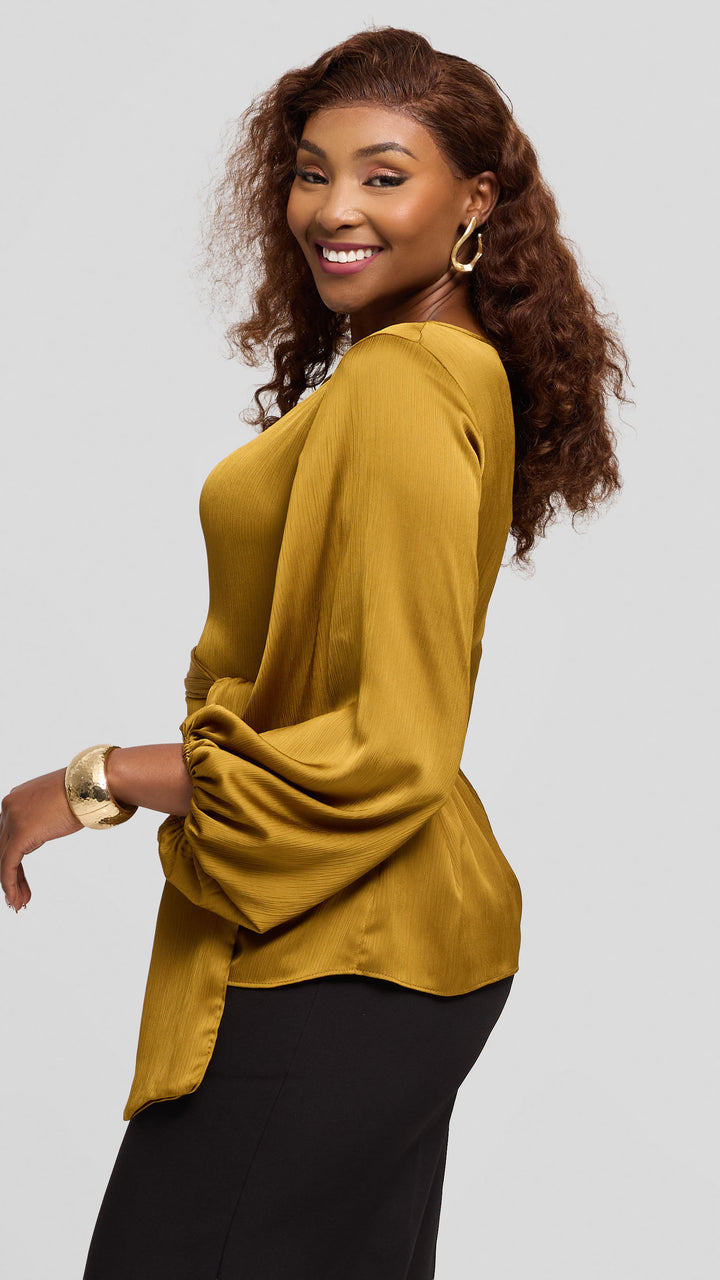 Vivo Izzy Bishop Sleeve Top in Textured Satin - Olive Green