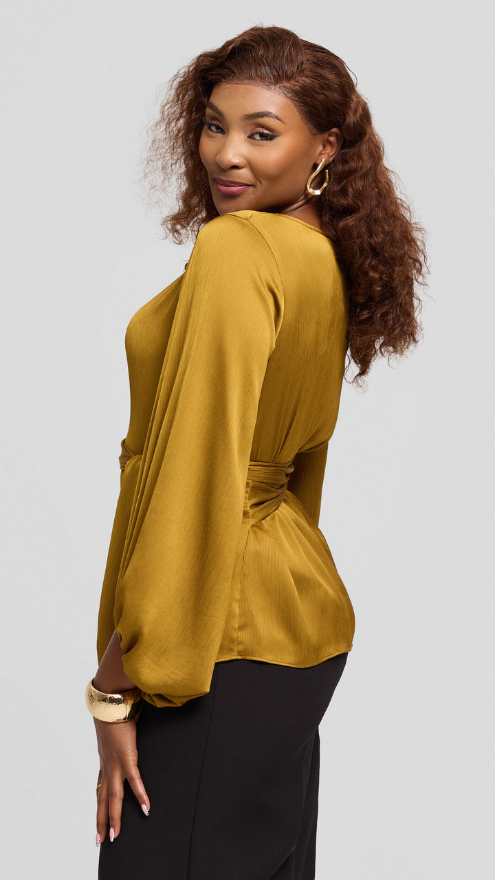 Vivo Izzy Bishop Sleeve Top in Textured Satin - Olive Green