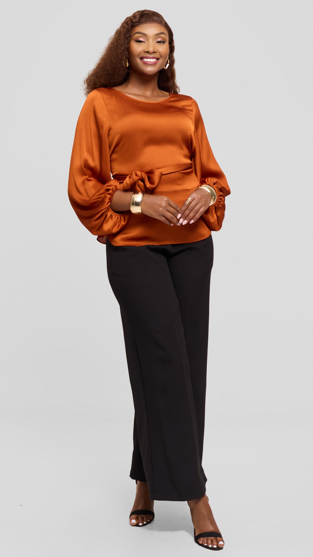Vivo Izzy Bishop Sleeve Top in Textured Satin - Rust