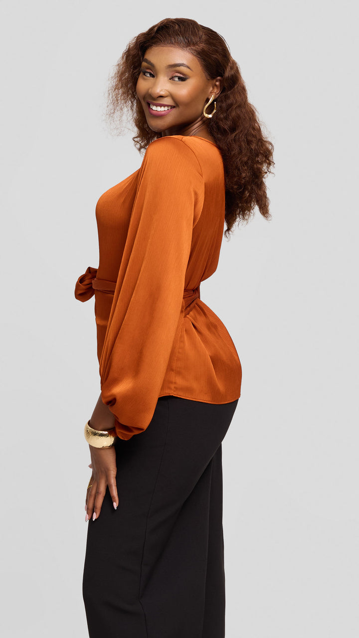 Vivo Izzy Bishop Sleeve Top in Textured Satin - Rust
