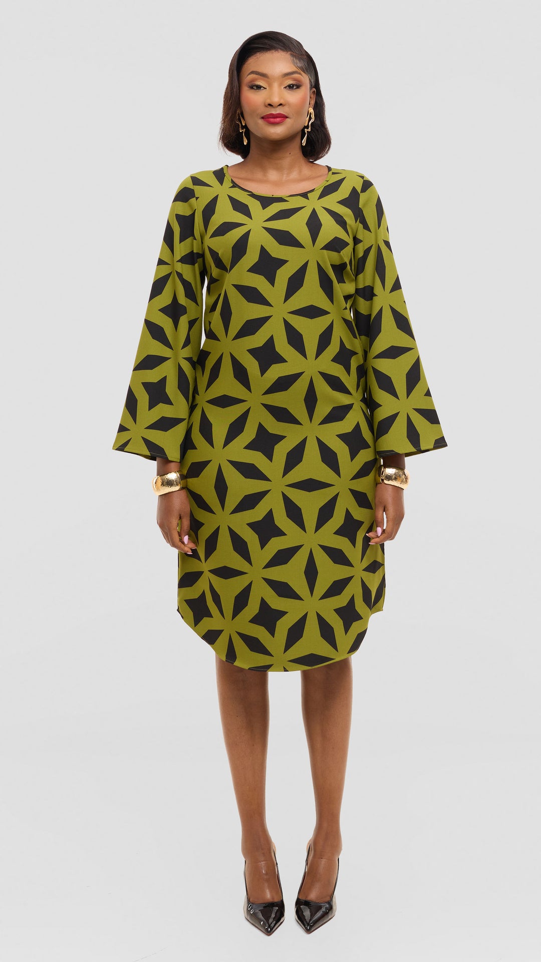 Vivo Jamila Slit Sleeve Dress in Crepe - Olive / Black Ula Print