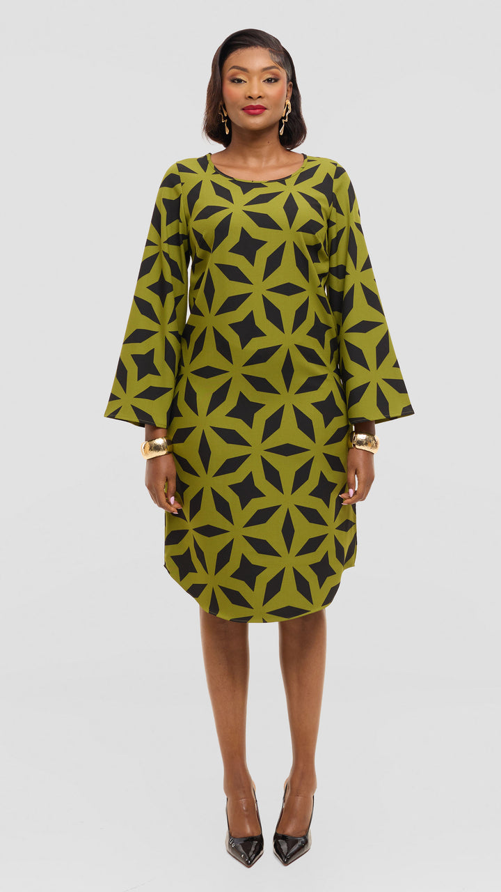 Vivo Jamila Slit Sleeve Dress in Crepe - Olive / Black Ula Print