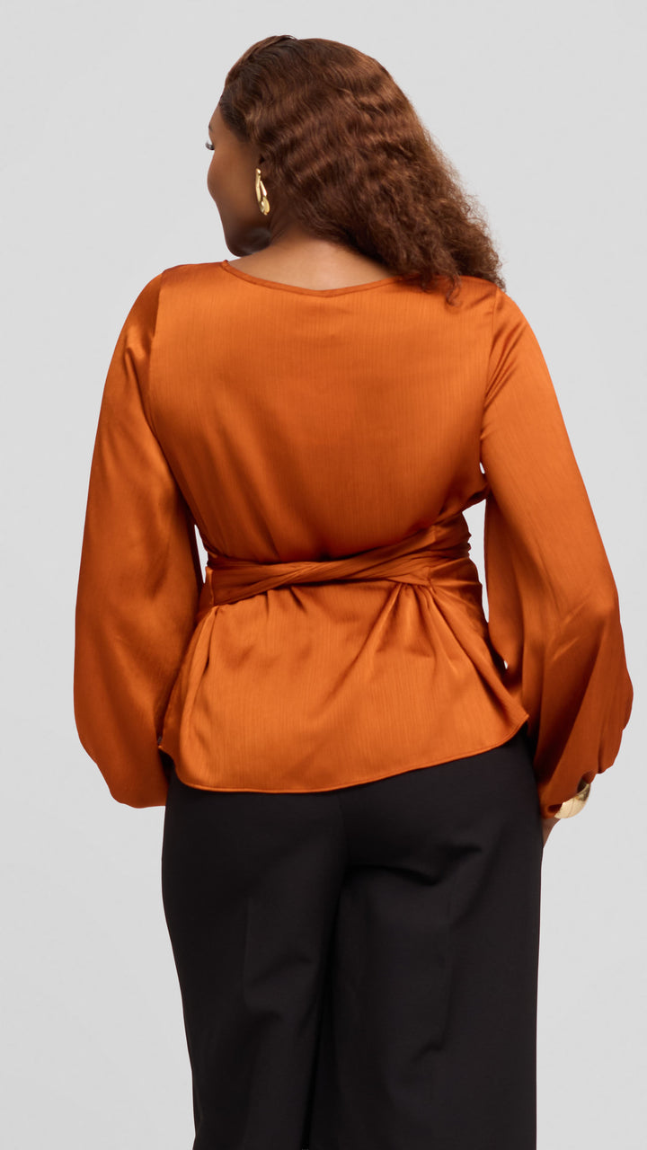 Vivo Izzy Bishop Sleeve Top in Textured Satin - Rust