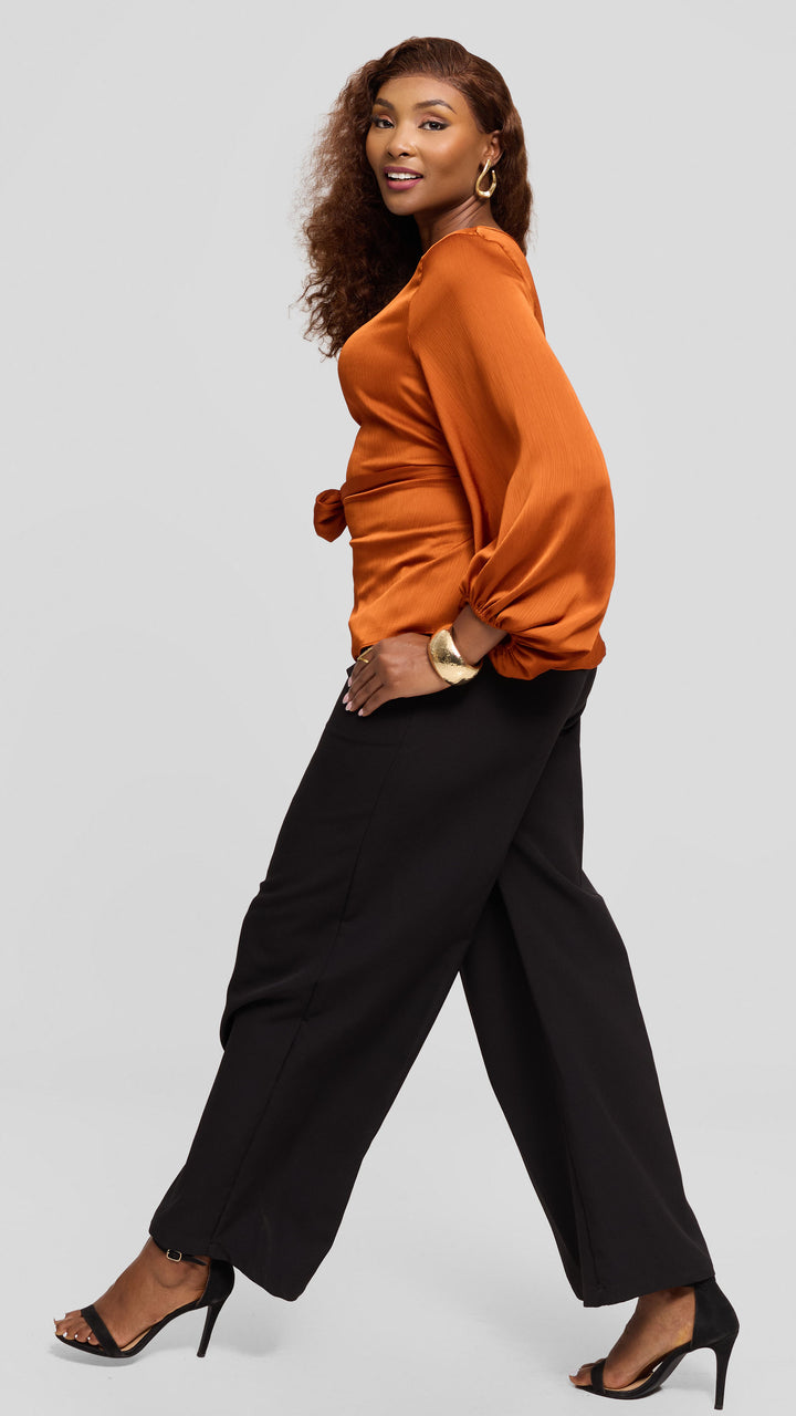 Vivo Izzy Bishop Sleeve Top in Textured Satin - Rust