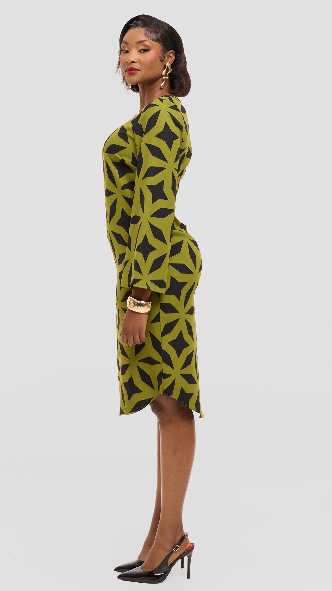 Vivo Jamila Slit Sleeve Dress in Crepe - Olive / Black Ula Print