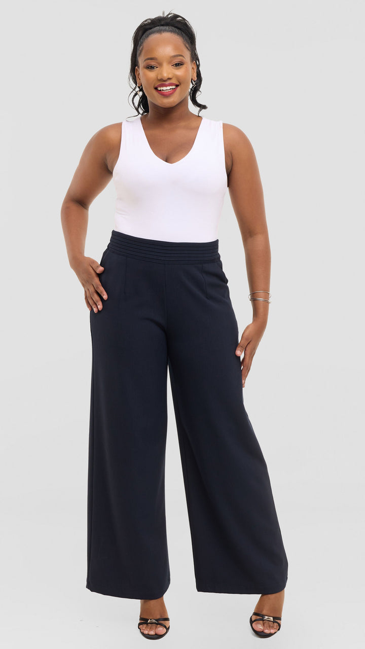 Vivo Pintuck Waist Pants in Crepe - Navy