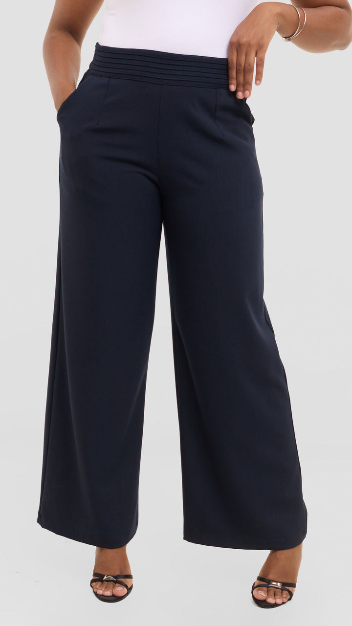 Vivo Pintuck Waist Pants in Crepe - Navy