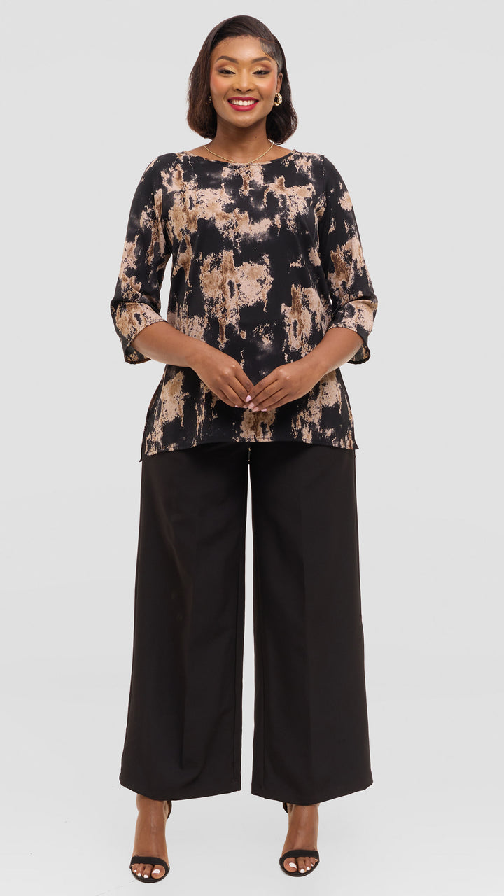 Vivo 3/4 Sleeve Side Slit Top in Crepe - Black / Brown Abstarct Print