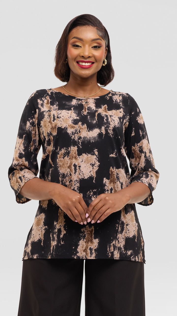 Vivo 3/4 Sleeve Side Slit Top in Crepe - Black / Brown Abstarct Print