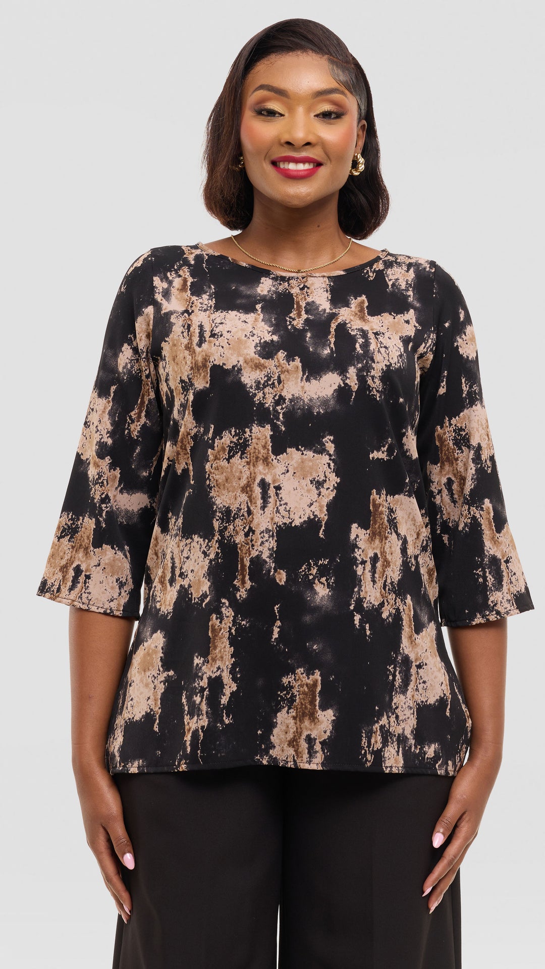 Vivo 3/4 Sleeve Side Slit Top in Crepe - Black / Brown Abstarct Print