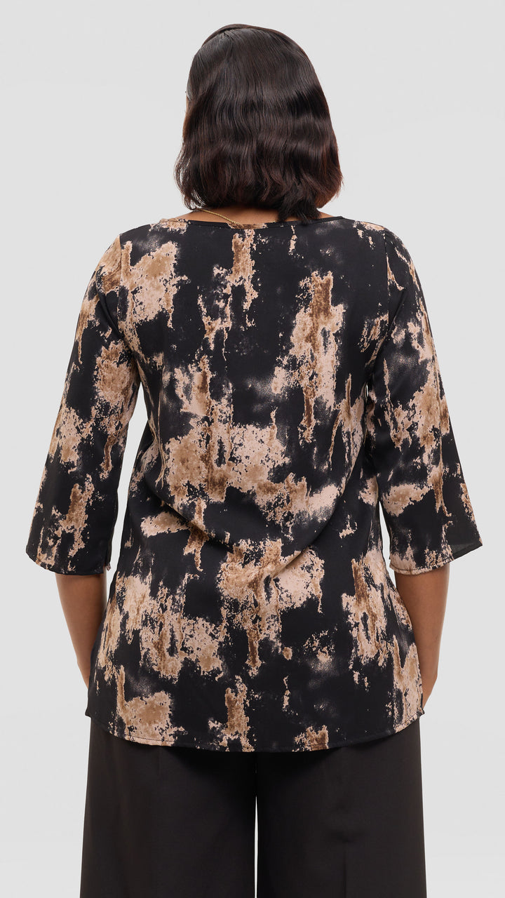 Vivo 3/4 Sleeve Side Slit Top in Crepe - Black / Brown Abstarct Print