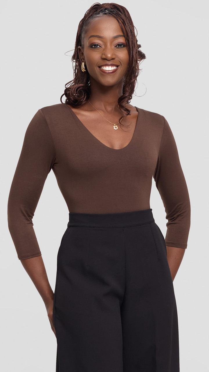 Vivo Basic 3/4 Sleeved Double Layered Bodysuit in Jersey - Brown