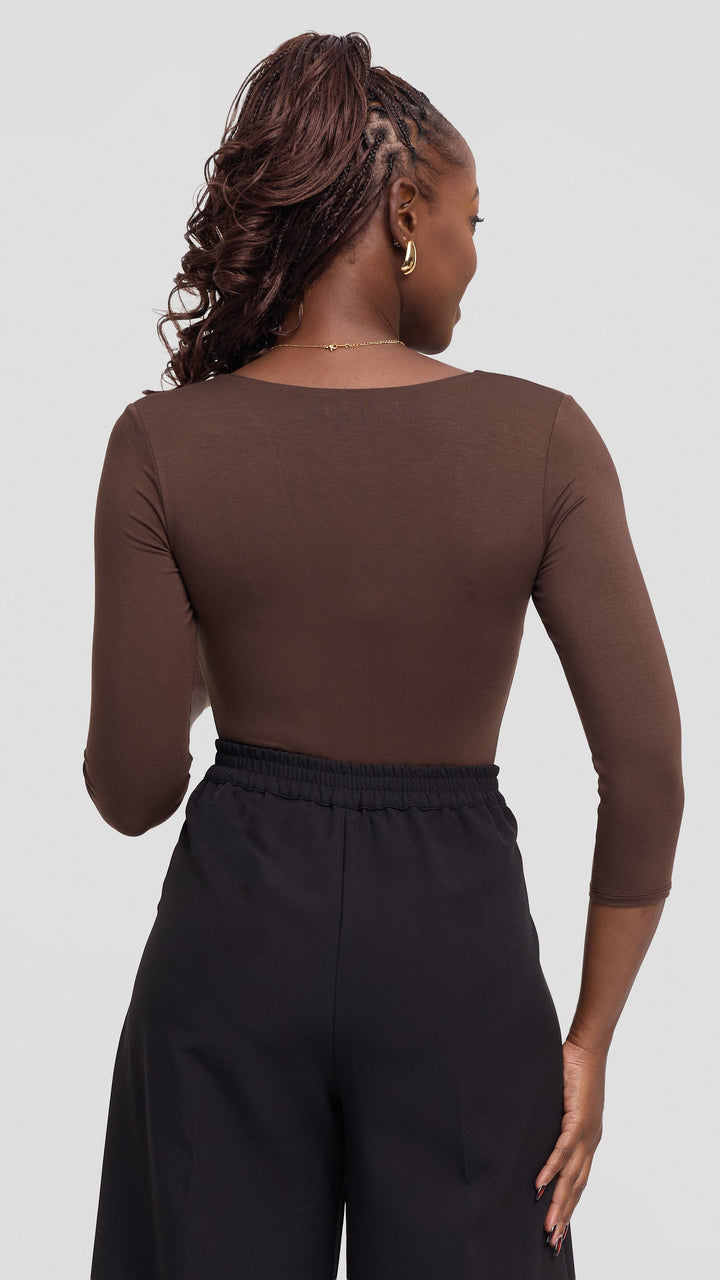 Vivo Basic 3/4 Sleeved Double Layered Bodysuit in Jersey - Brown