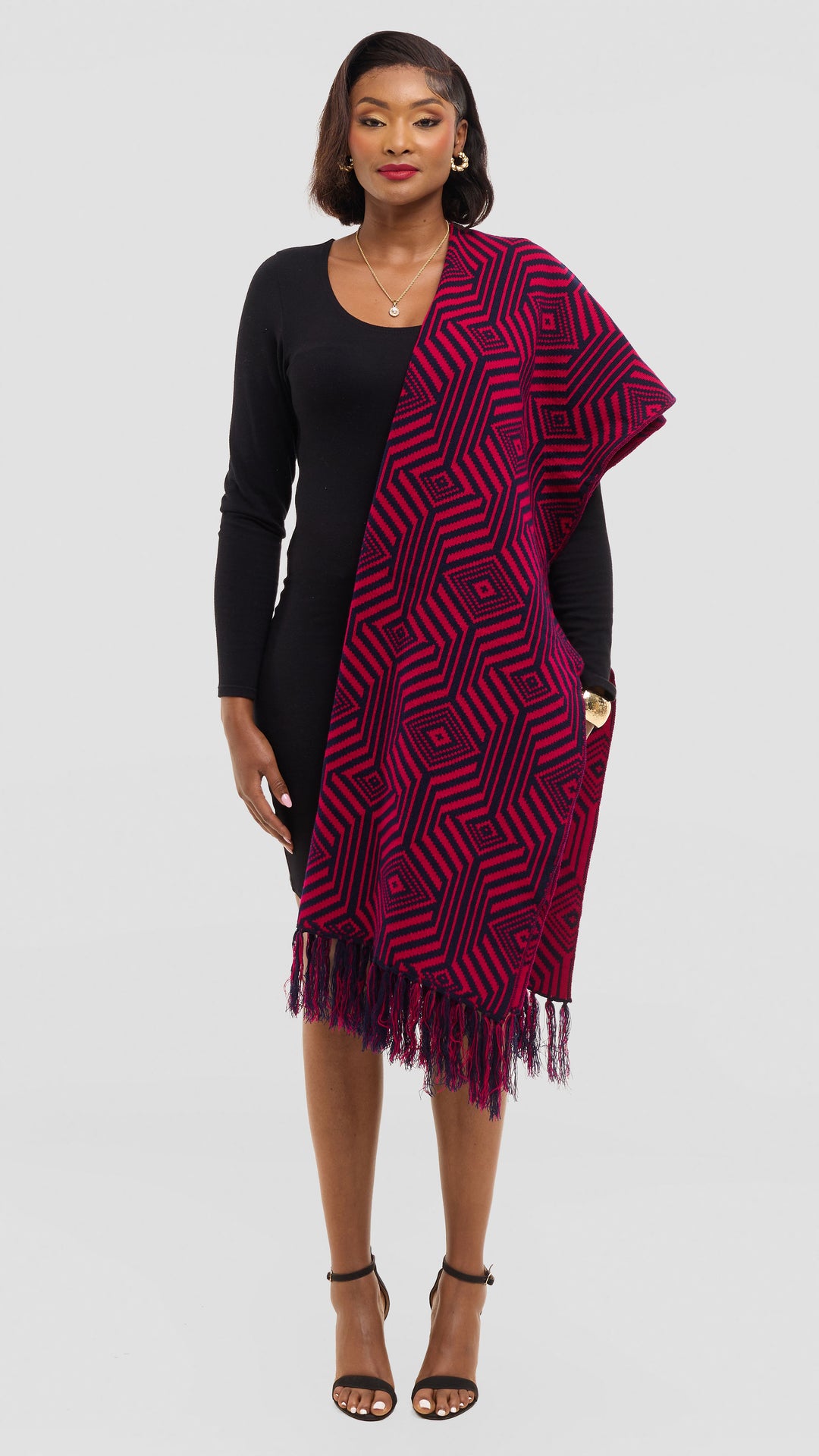Vivo 2 Tone Geometric Wrap Shawl - Navy / Cherry Print