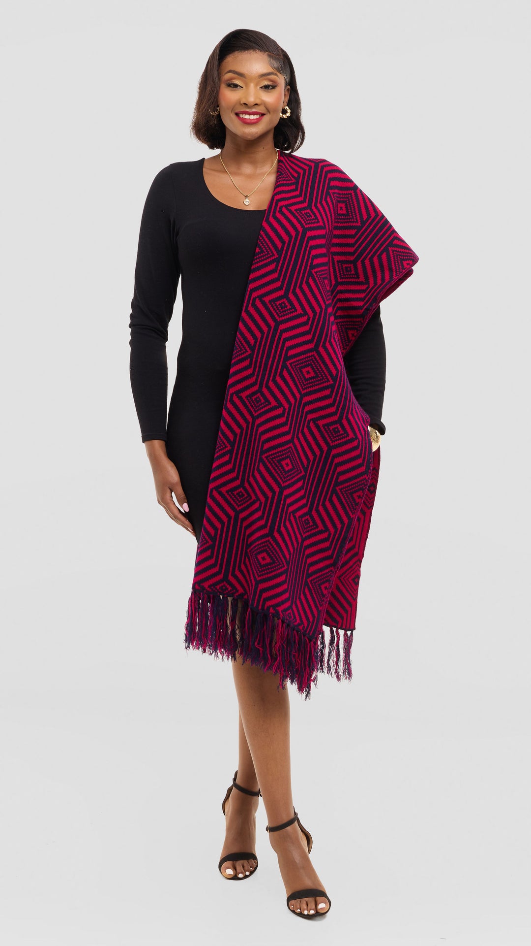 Vivo 2 Tone Geometric Wrap Shawl - Navy / Cherry Print