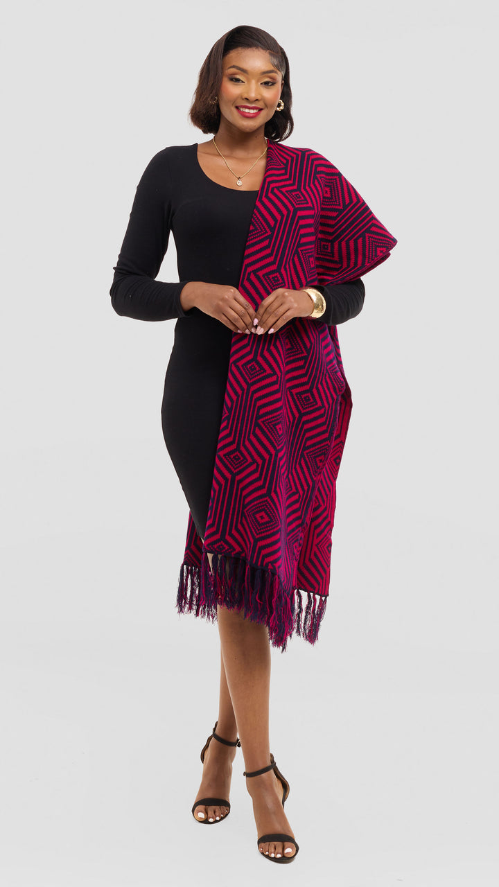 Vivo 2 Tone Geometric Wrap Shawl - Navy / Cherry Print