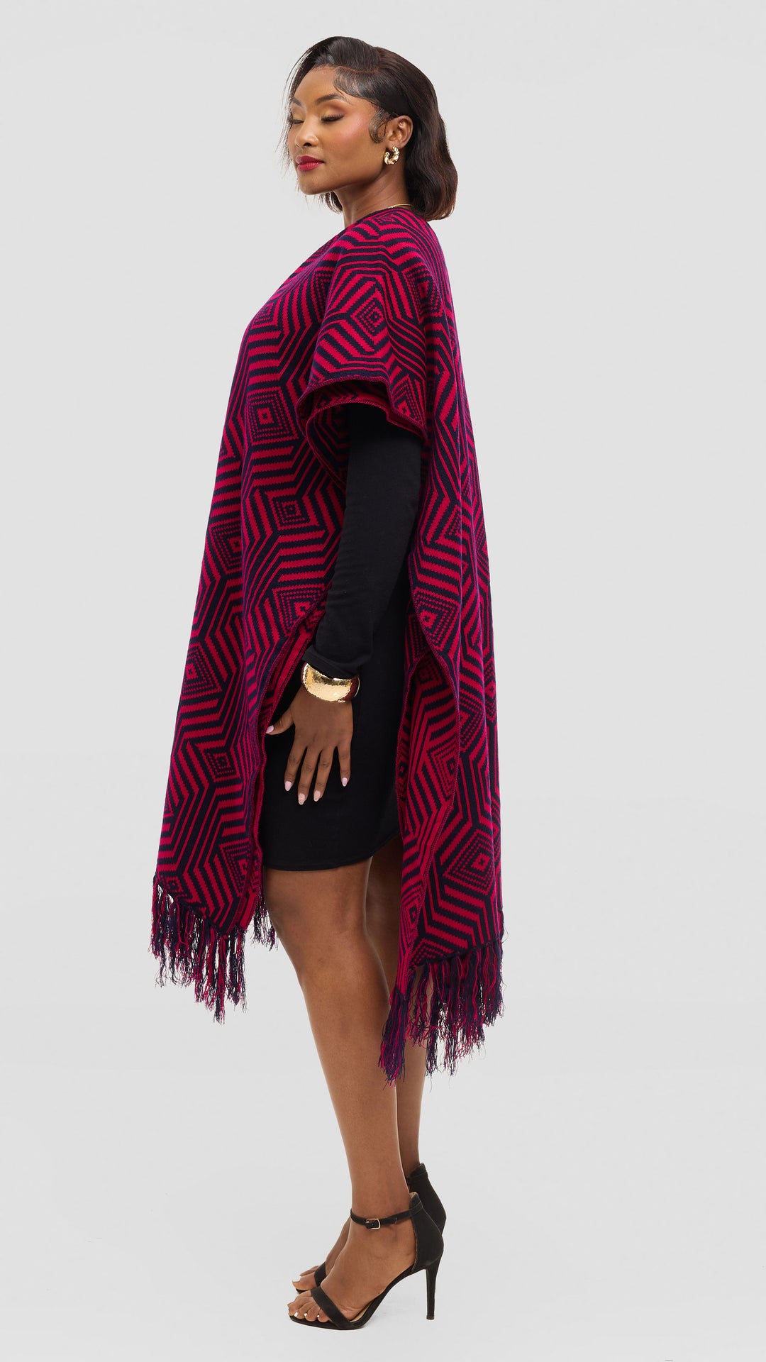 Vivo 2 Tone Geometric Wrap Shawl - Navy / Cherry Print