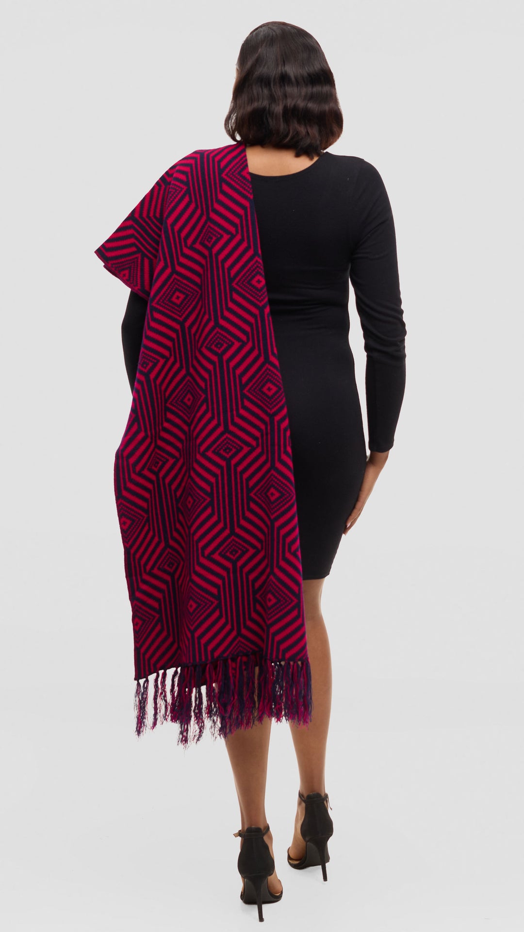Vivo 2 Tone Geometric Wrap Shawl - Navy / Cherry Print