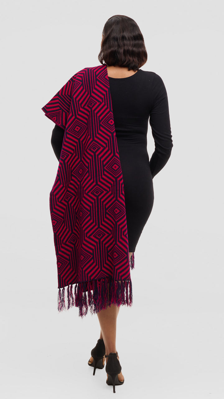 Vivo 2 Tone Geometric Wrap Shawl - Navy / Cherry Print