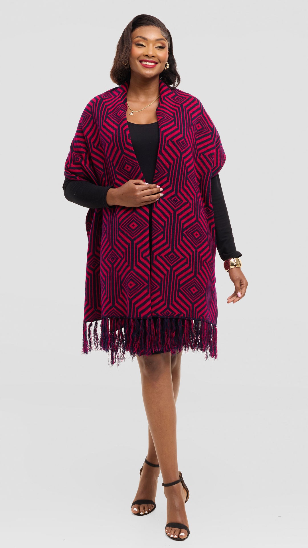 Vivo 2 Tone Geometric Wrap Shawl - Navy / Cherry Print