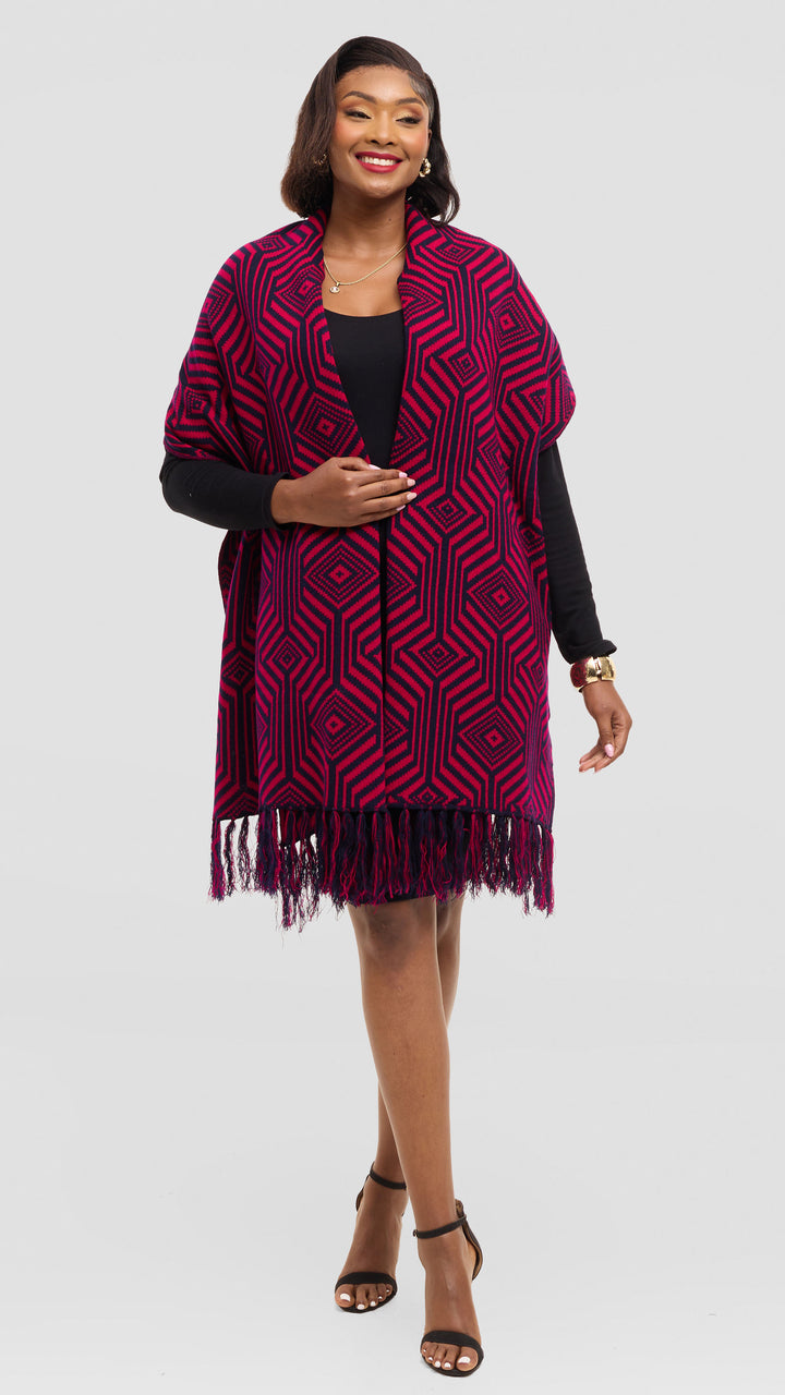Vivo 2 Tone Geometric Wrap Shawl - Navy / Cherry Print