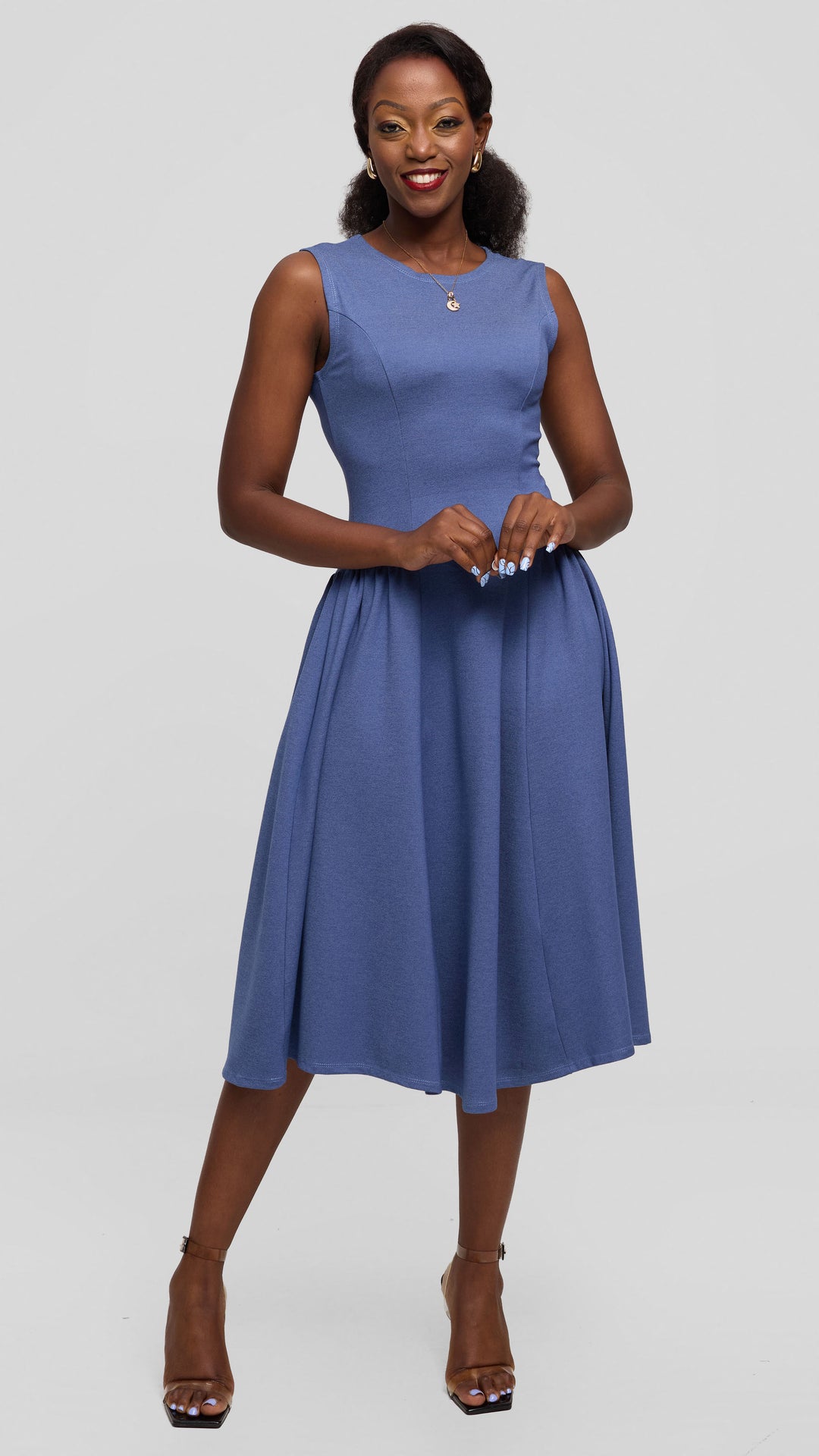 Vivo Panelled Waist Midi Dress in Ponte - Denim Blue