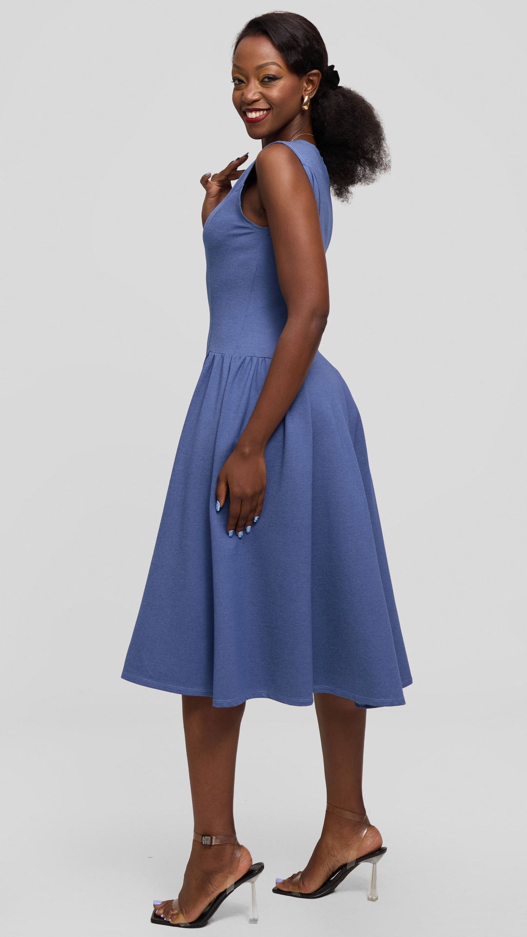 Vivo Panelled Waist Midi Dress in Ponte - Denim Blue