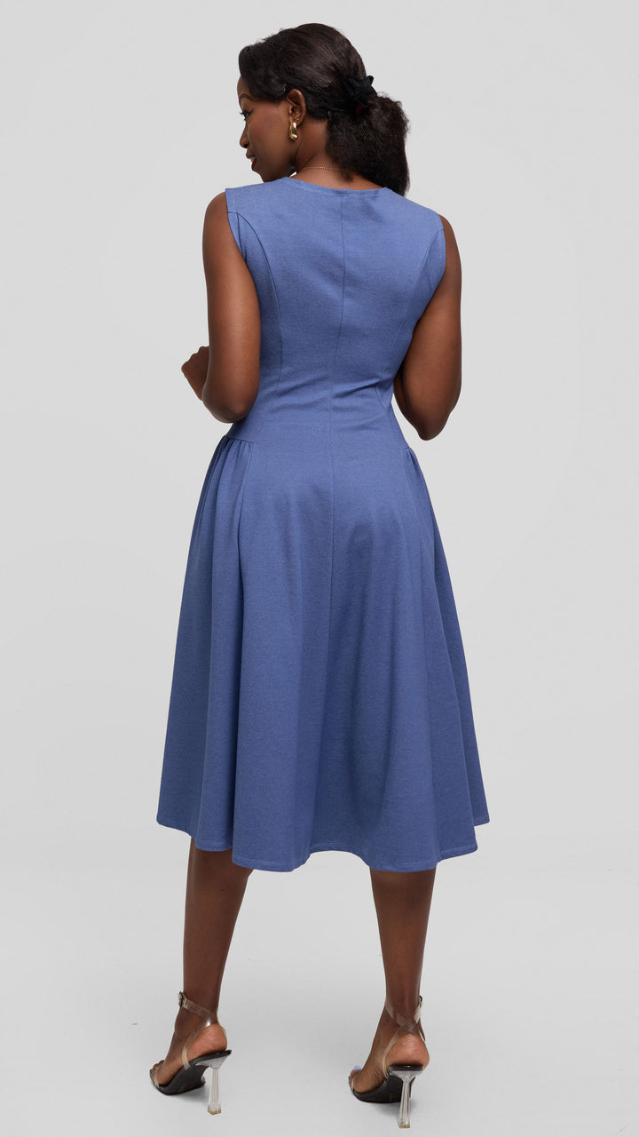 Vivo Panelled Waist Midi Dress in Ponte - Denim Blue