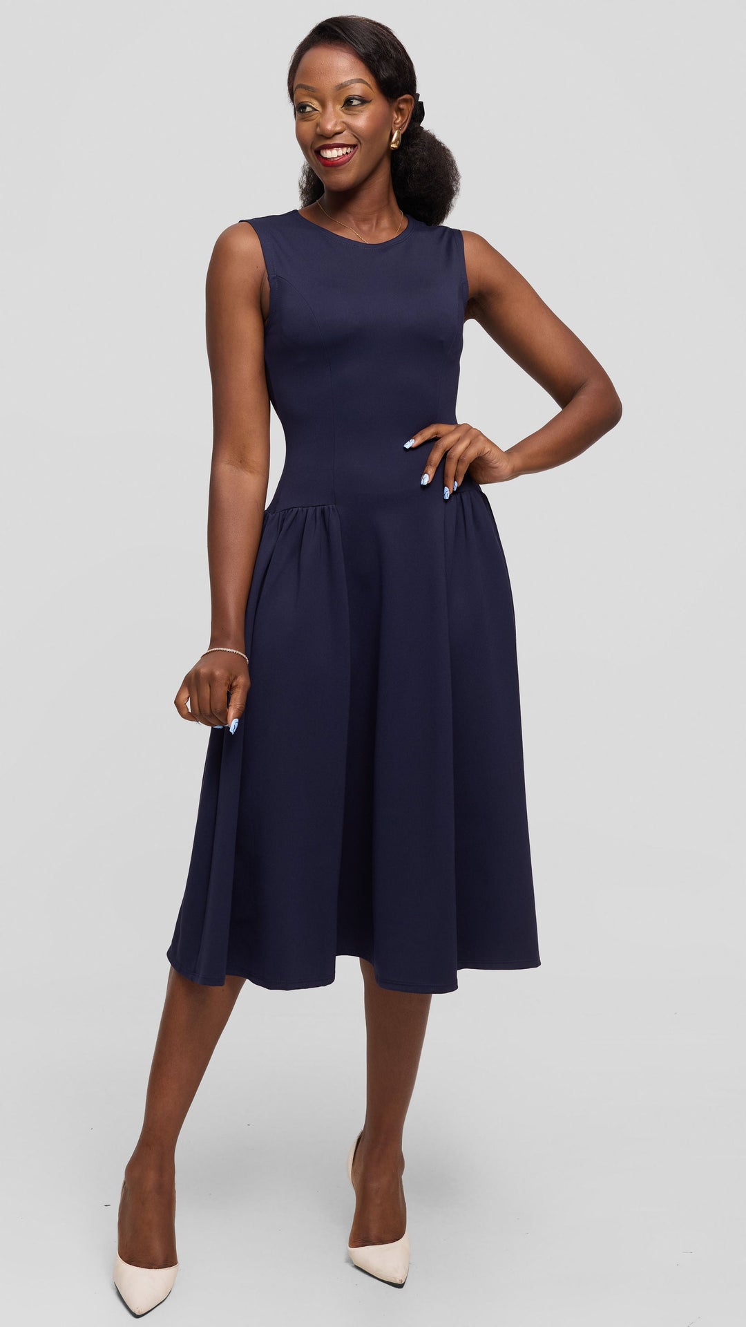 Vivo Panelled Waist Midi Dress in Ponte - Navy