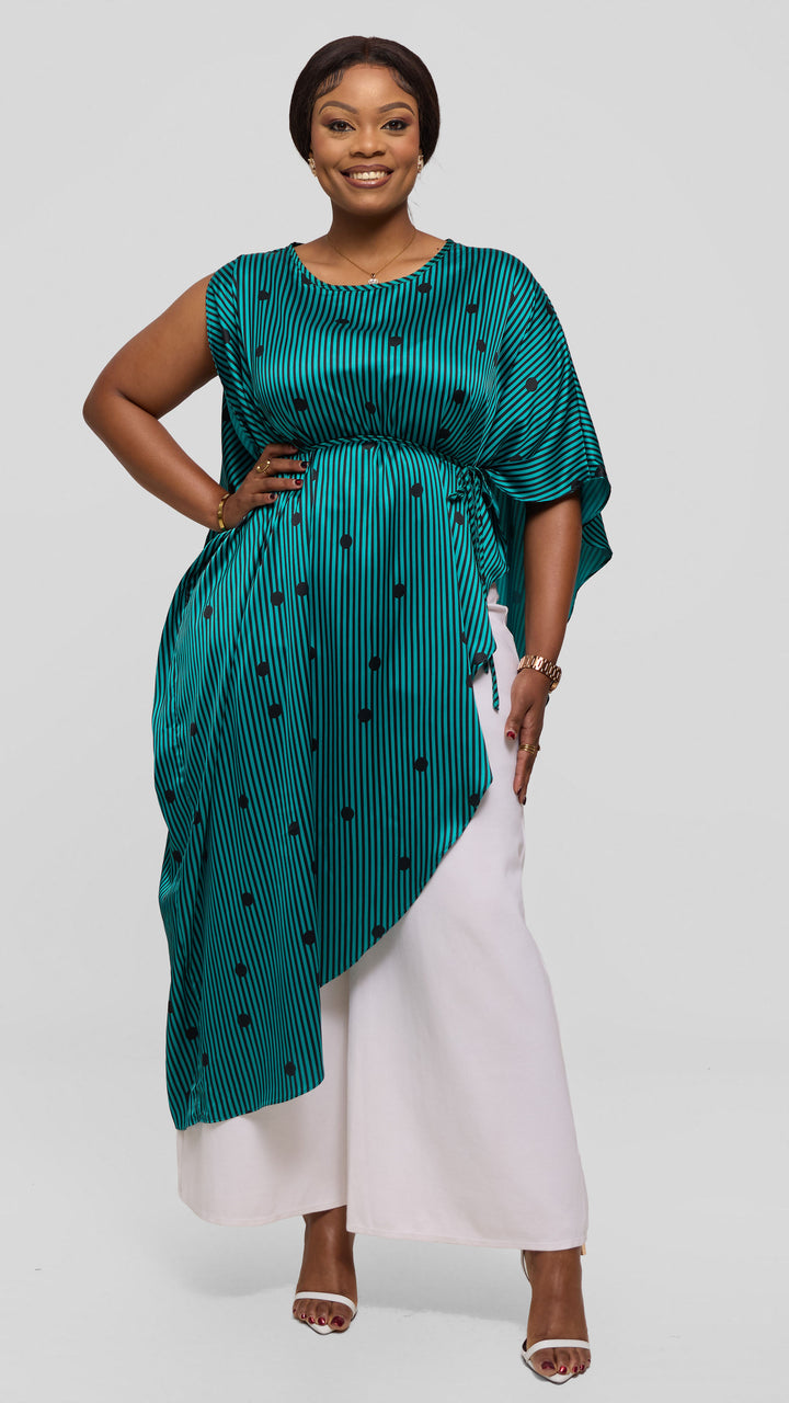 Vivo Liora Asymmetrical Kaftan Top in Satin - Sea Green / Black Polstripes