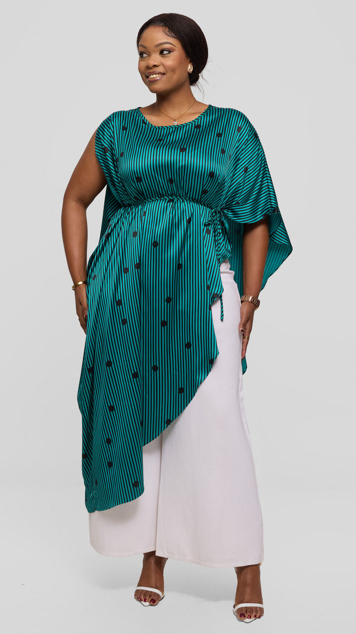 Vivo Liora Asymmetrical Kaftan Top in Satin - Sea Green / Black Polstripes
