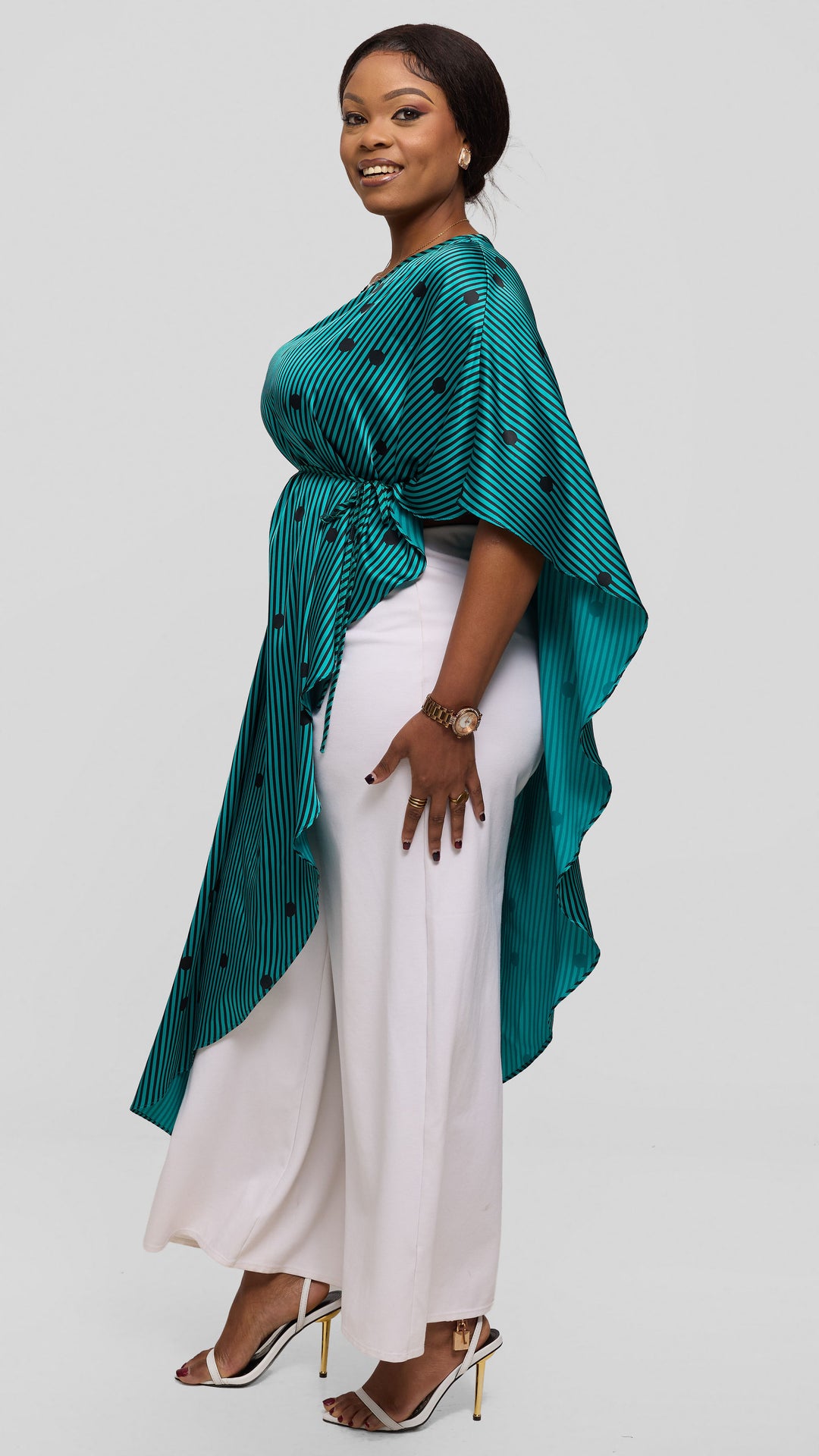 Vivo Liora Asymmetrical Kaftan Top in Satin - Sea Green / Black Polstripes