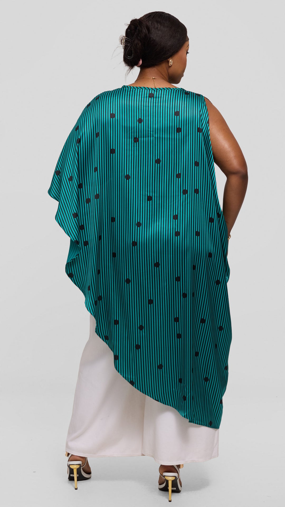 Vivo Liora Asymmetrical Kaftan Top in Satin - Sea Green / Black Polstripes
