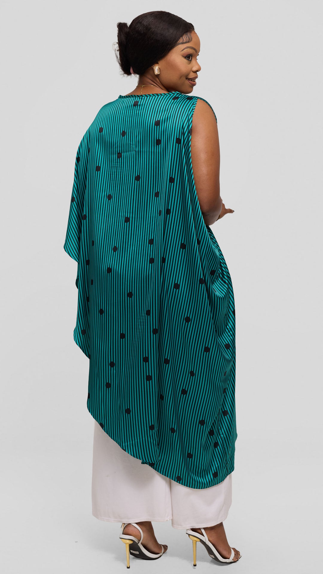 Vivo Liora Asymmetrical Kaftan Top in Satin - Sea Green / Black Polstripes
