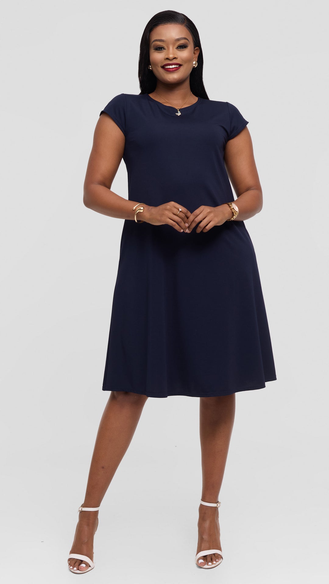Vivo Basic Kena Tent Knee Length Dress in Ponte - Dark Navy