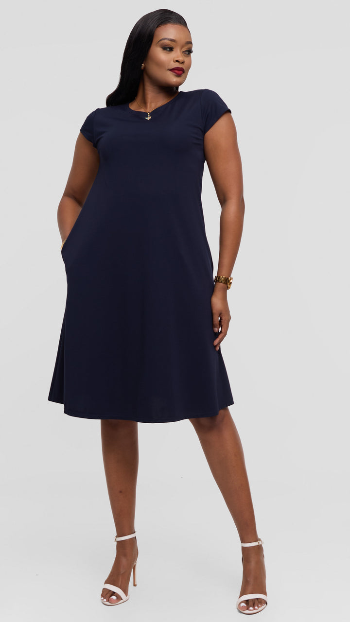 Vivo Basic Kena Tent Knee Length Dress in Ponte - Dark Navy